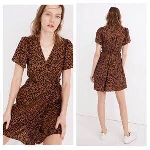 NWT Madewell Flutter-Sleeve Wrap Mini Dress in Painted Leopard Medium
